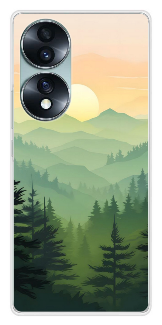 Coque Design "Dawn's Radiance" – Forêt de Pins & Montagnes au Lever du Soleil