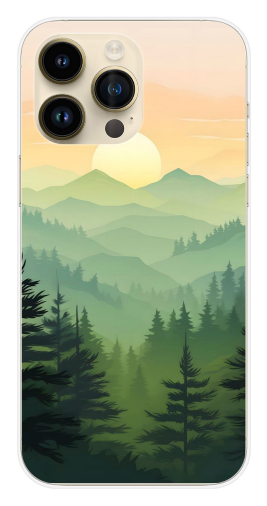 Coque Design "Dawn's Radiance" – Forêt de Pins & Montagnes au Lever du Soleil