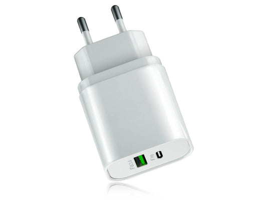 Chargeur secteur double rapide USB/USB-C 20W 3A - Blanc